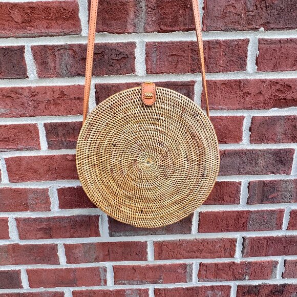Round Rattan Crossbody Shoulder Bag Purse Brown Boho - Picture 4 of 7